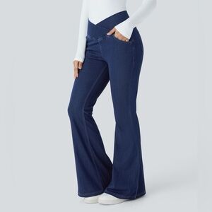 HALARA Flex Blue Denim Crossover Waist Flare Jeans Women's XL Petite XLP